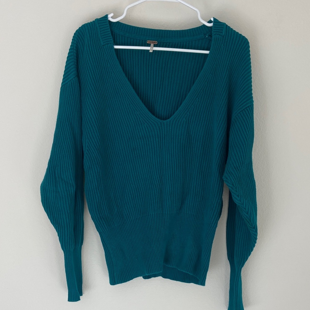 Free People Teal V-Neck Women's Sweater